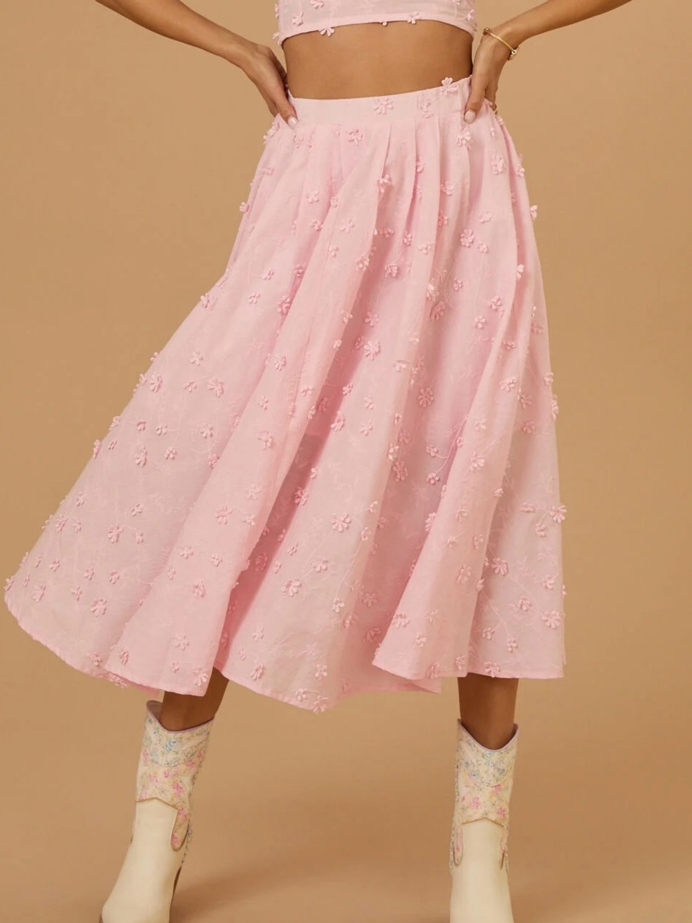 NWOT Altar'd State Stacey Blush Pink 3D Floral Appliqué Embroidered Midi Skirt